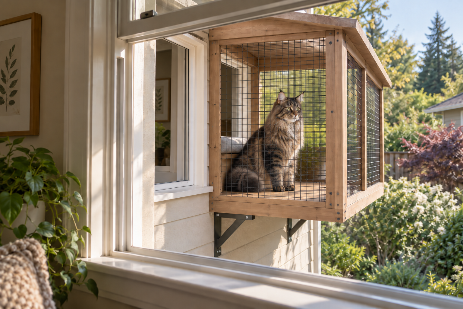 A tabby in a supported cedar catio attached to a house window, with siding, interior and garden context visible